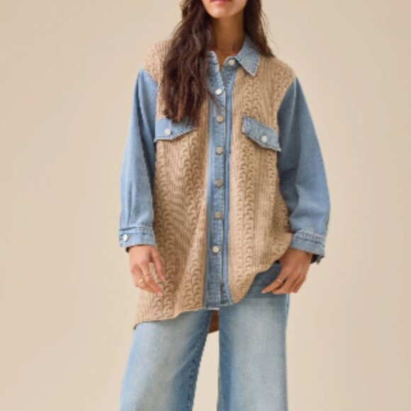 Altar'd State Wilma Cable Denim Mixed Button-Up Cardigan - Picture 2 of 6